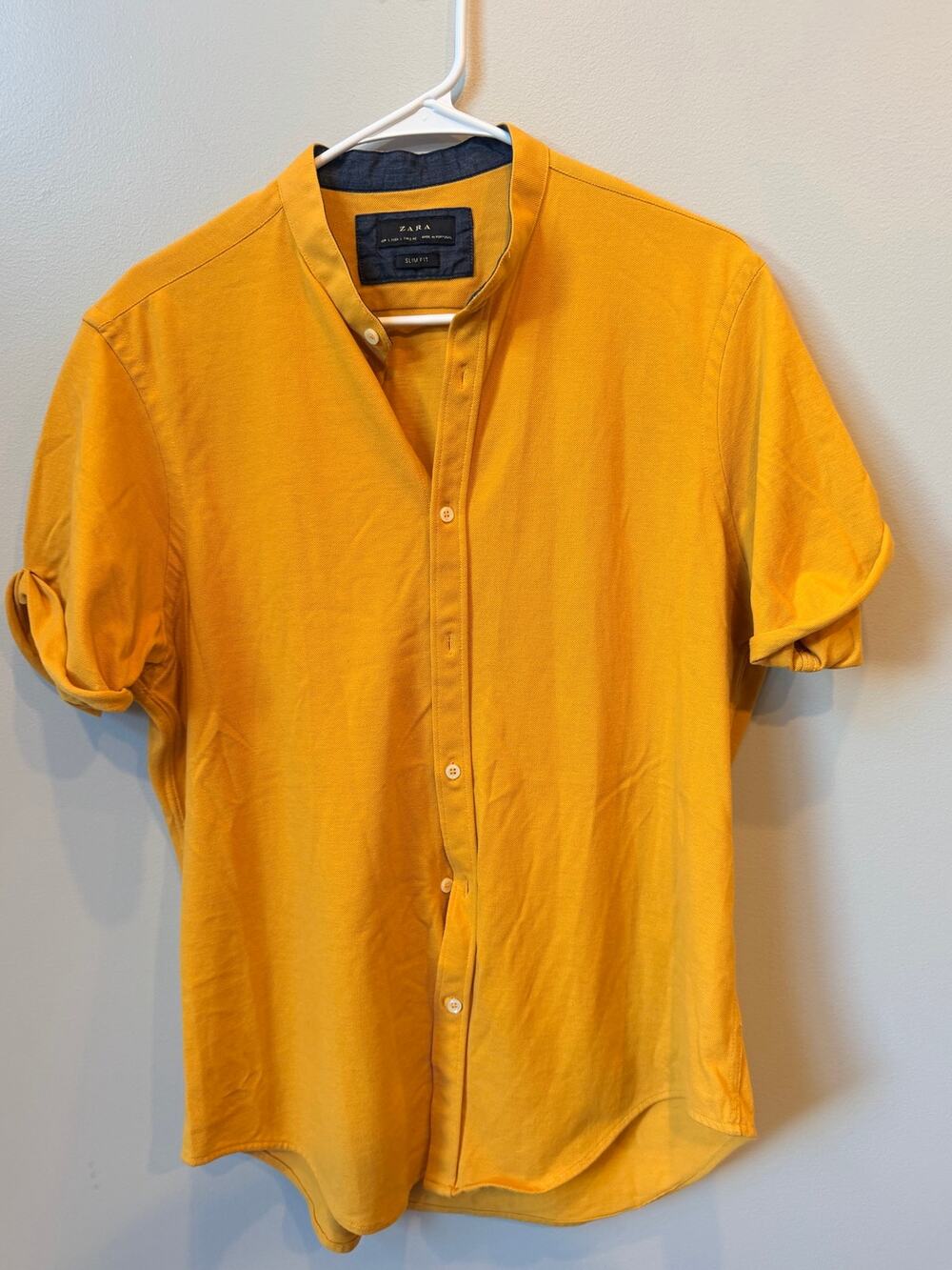 Zara Man Mustard Yellow Mandarin Collar Short Sleeve Shirt Slim Fit Large